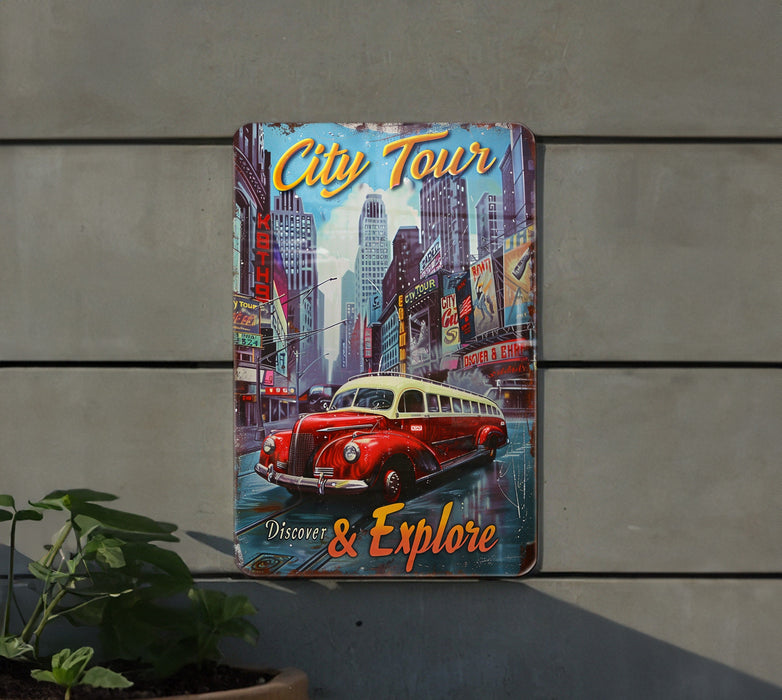 a picture of a red and white car on a city tour sign