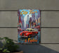 a picture of a red and white car on a city tour sign