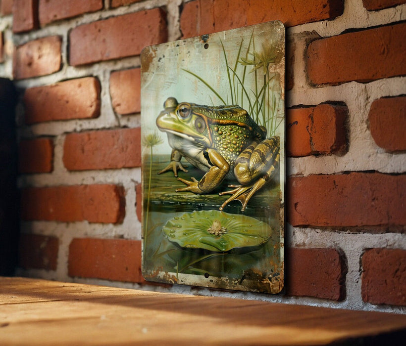 a frog sitting on top of a wooden table next to a brick wall