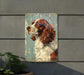 a picture of a brown and white dog on a sign