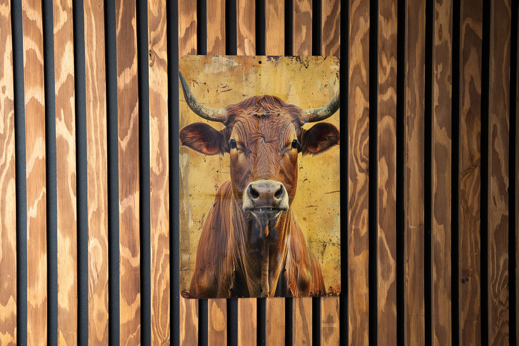 a picture of a cow on a wooden wall