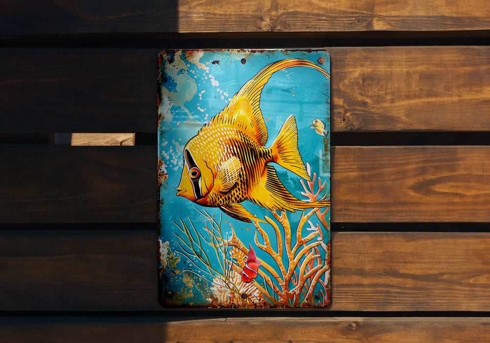 a painting of a goldfish on a wooden bench