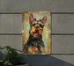 a painting of a dog is hanging on a wall
