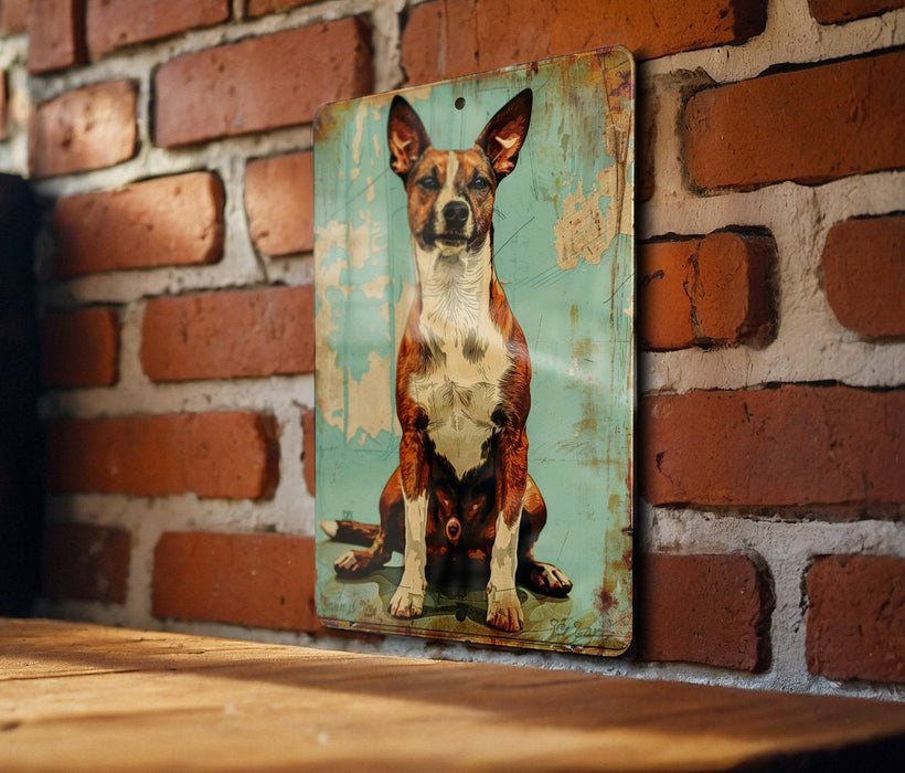 a picture of a dog on a sign on a brick wall