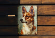 a picture of a dog on a wooden bench