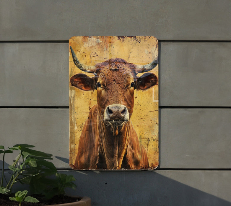 a picture of a brown cow on a yellow background