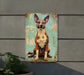 a picture of a dog on a rusty sign