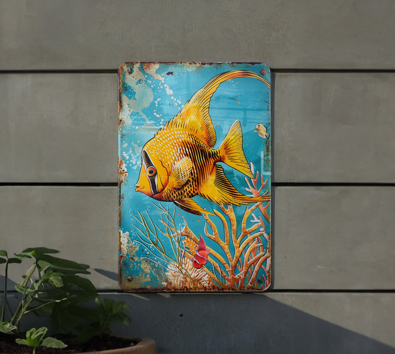 a painting of a goldfish on a blue background