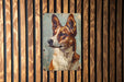 a picture of a dog on a wooden wall