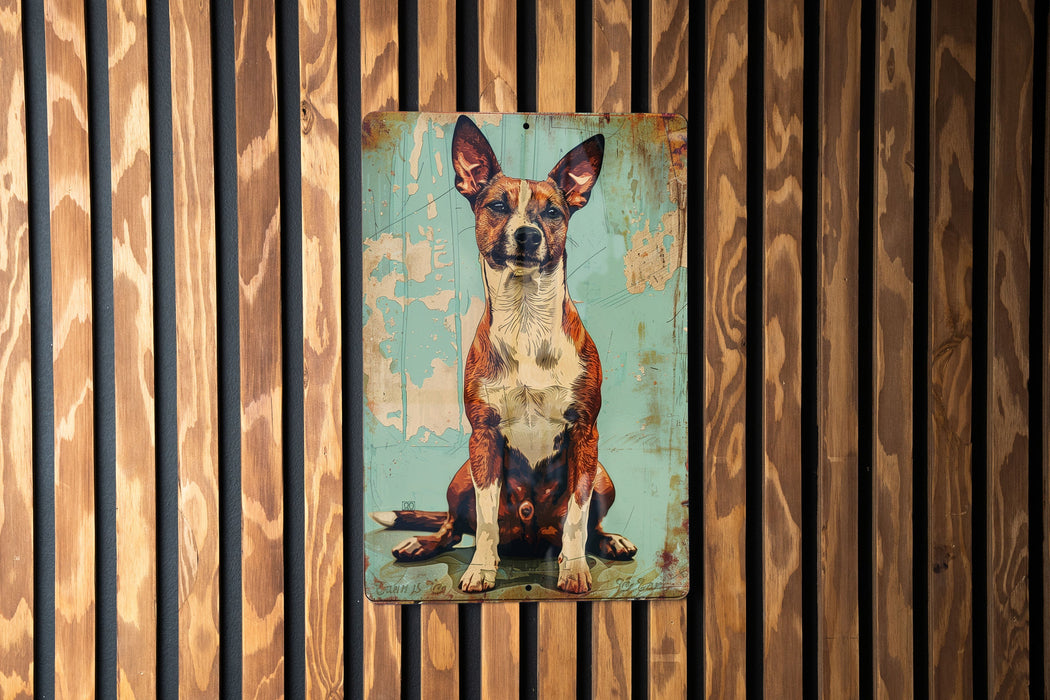 a painting of a dog on a wooden wall