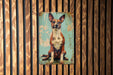 a painting of a dog on a wooden wall