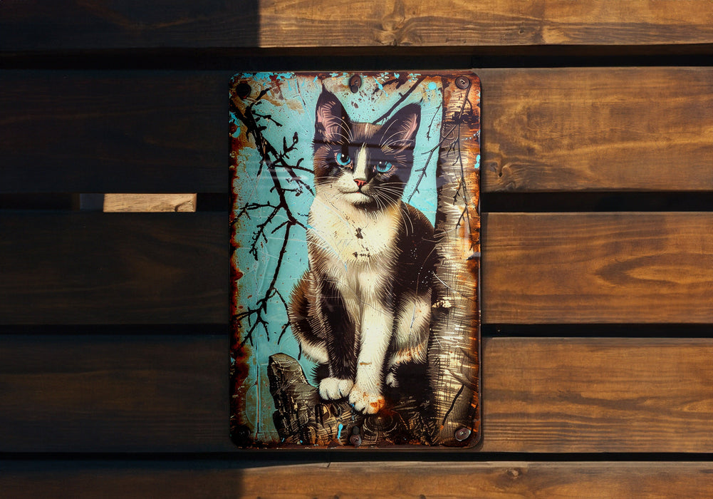 a picture of a cat sitting on a wooden bench