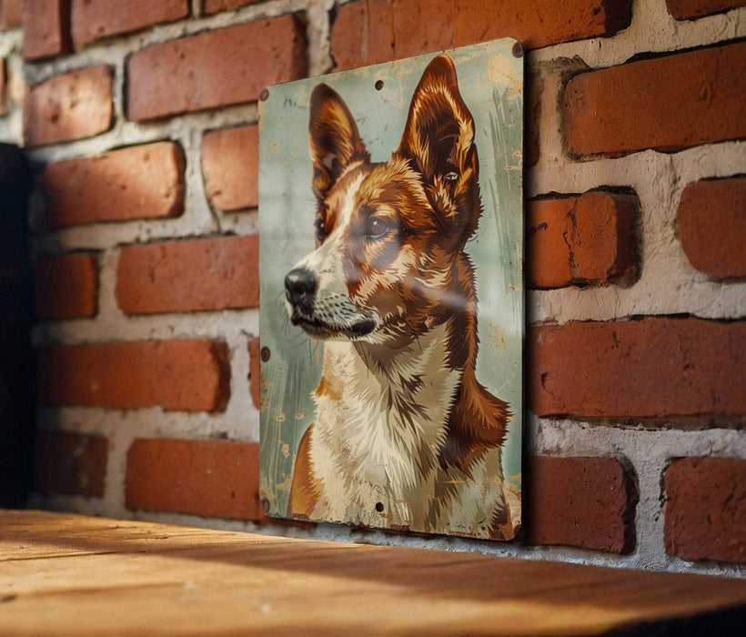 a picture of a dog on a brick wall