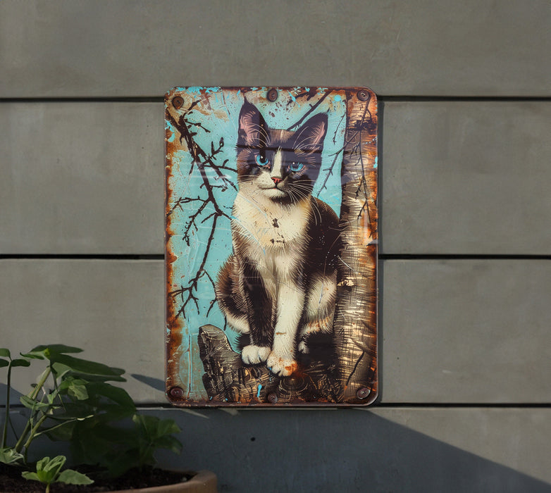 a picture of a cat is hanging on a wall
