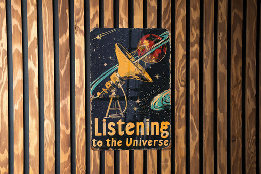 a wooden wall with a sign that reads listening to the universe