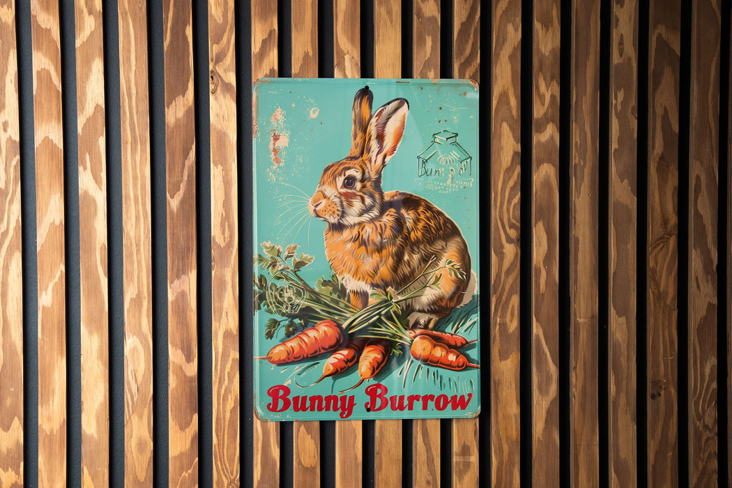 a picture of a bunny carrot sign on a wooden wall