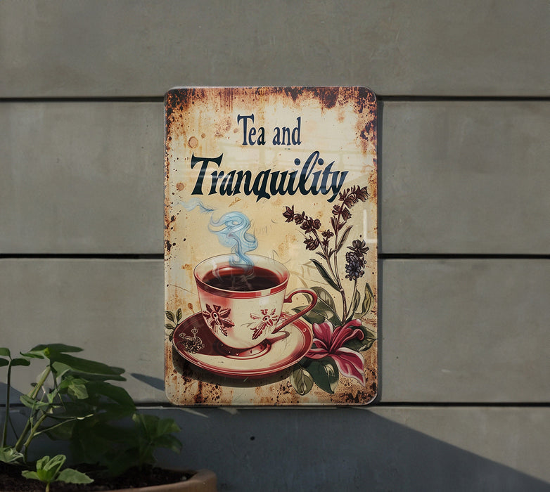 a sign that says tea and tranquility with a cup of coffee