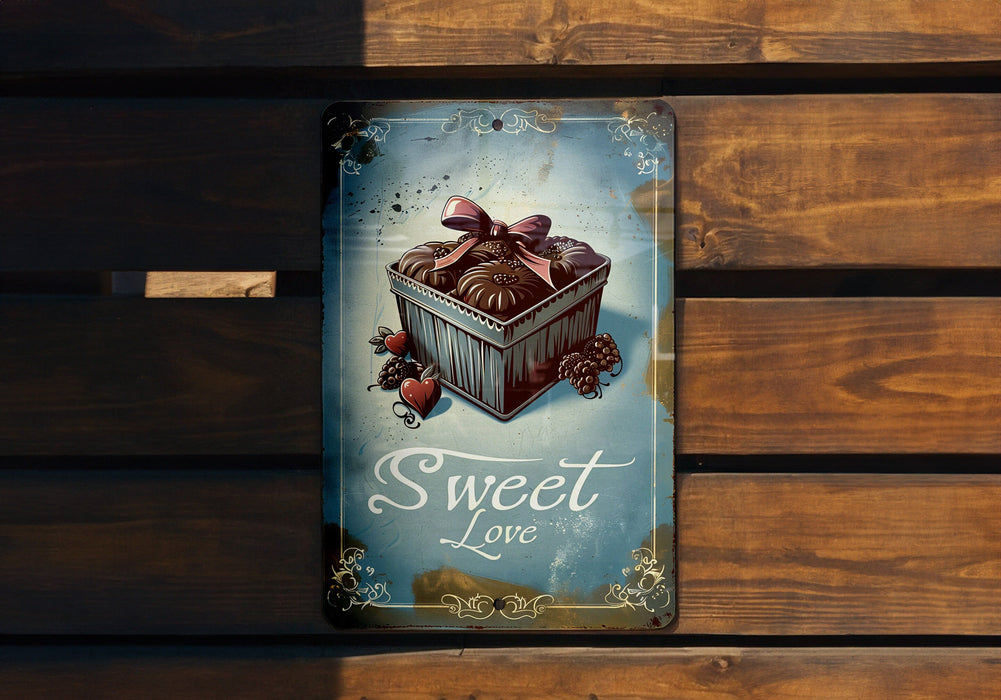 a sign that says sweet love on a wooden bench