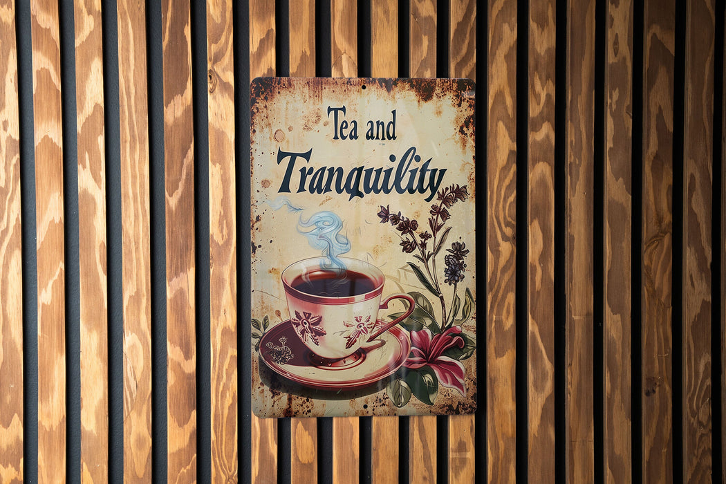 a tea and tranquilly sign hanging on a wooden wall
