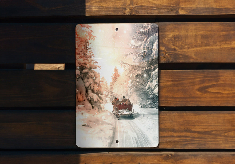 a wooden bench with a picture of two people in a sleigh