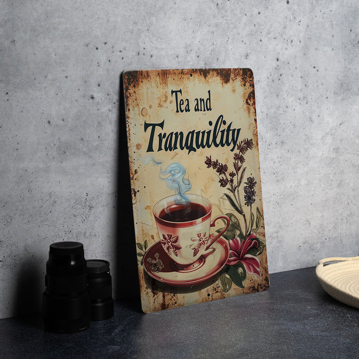 a tea and tranquility sign next to a cup of coffee