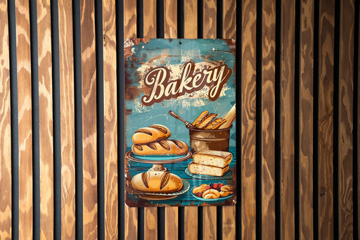 a bakery sign hanging on a wooden wall
