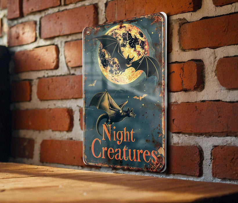 a sign on a brick wall that says night creatures