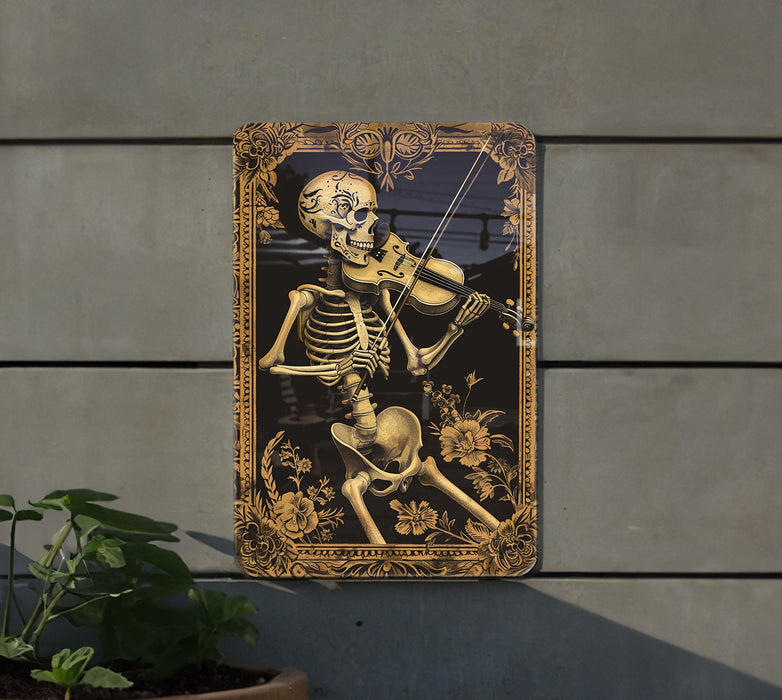a painting of a skeleton playing a violin