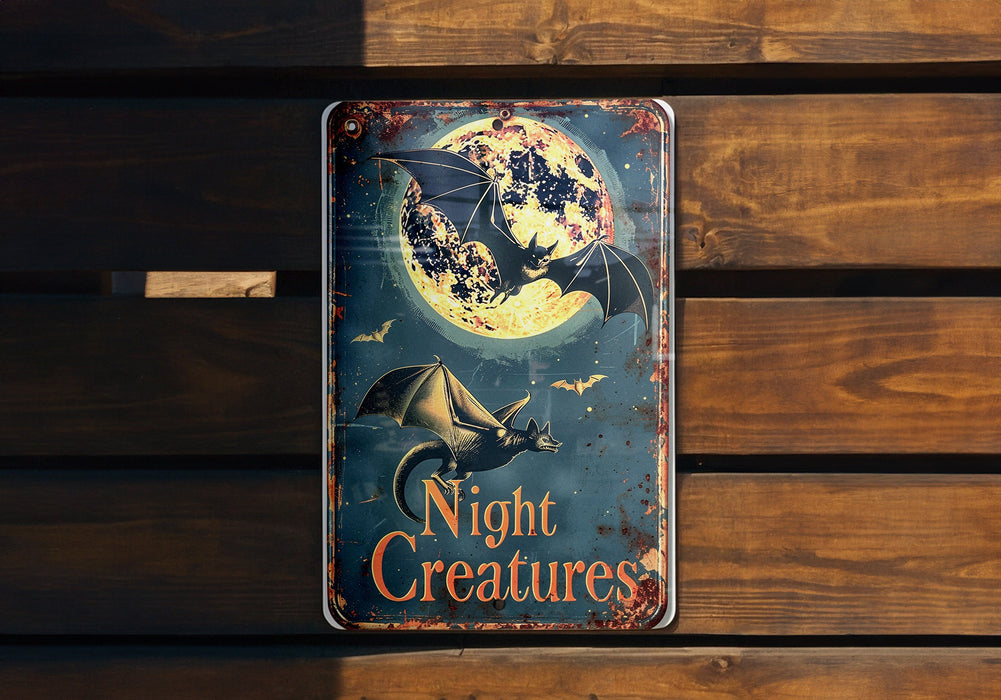 a metal sign that says night creatures on it
