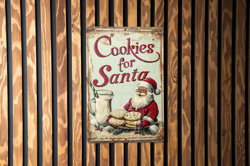 a sign on a wooden wall that says cookies for santa