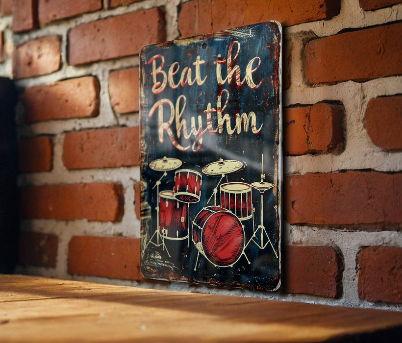 a sign on a brick wall that says beat the rhythm