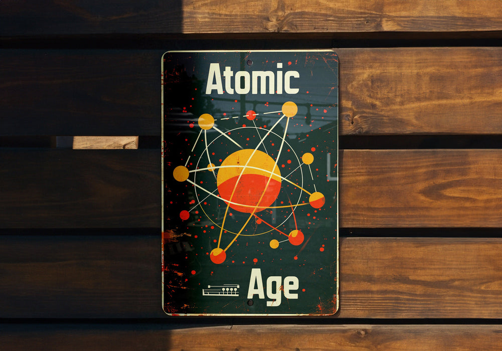 a sign on a wooden bench that says atomic age