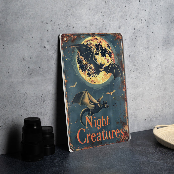 a metal sign that says night creatures on it