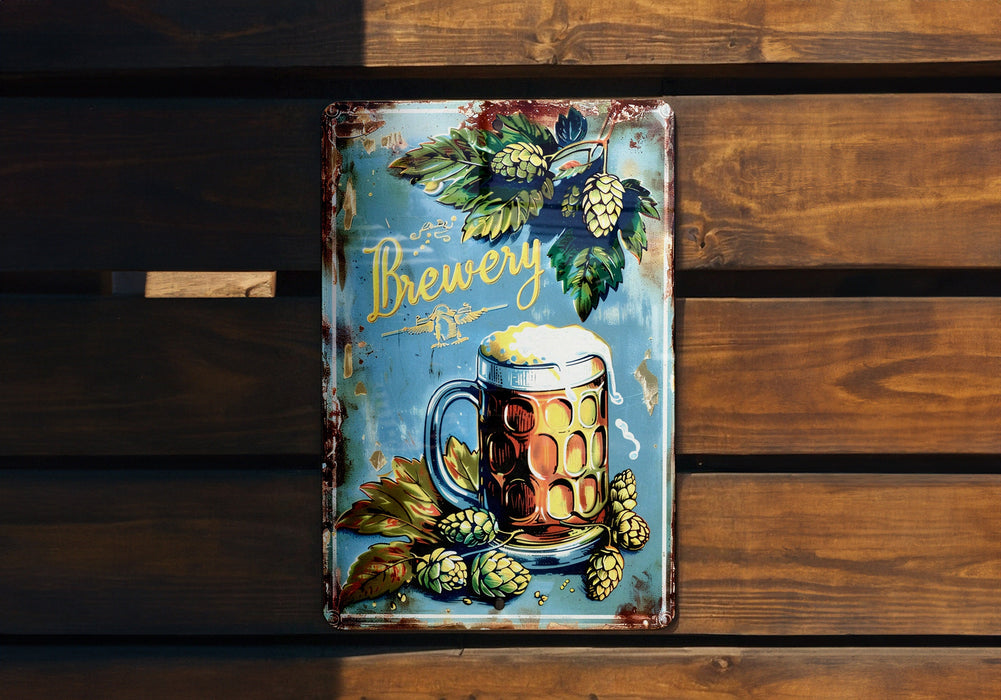 a metal sign with a mug of beer on it