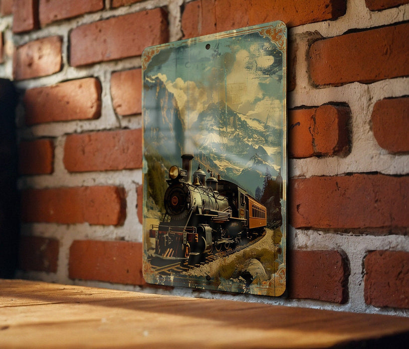 a picture of a train on a brick wall