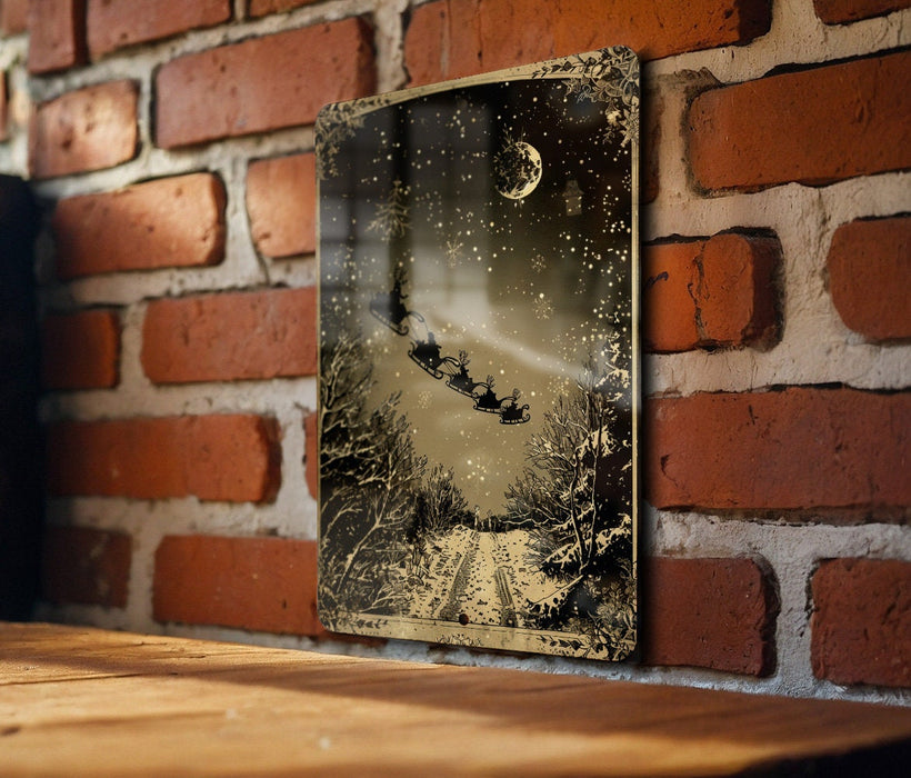 a picture hanging on a brick wall next to a wooden table
