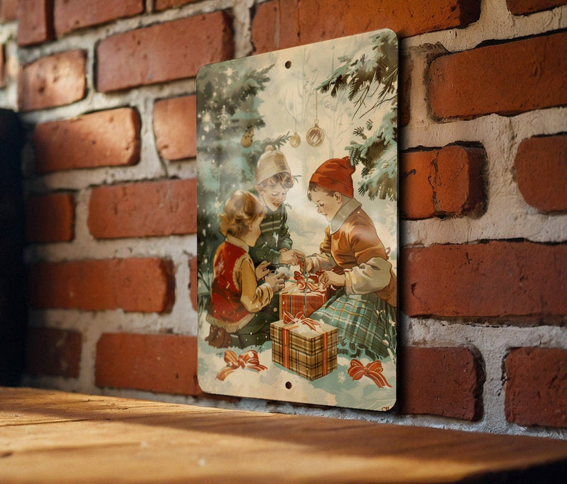 a picture of two children opening presents on a brick wall