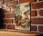a picture of two children opening presents on a brick wall