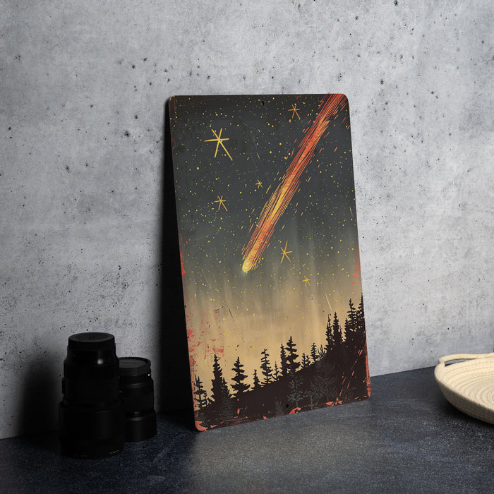 a painting on a table next to a pair of binoculars