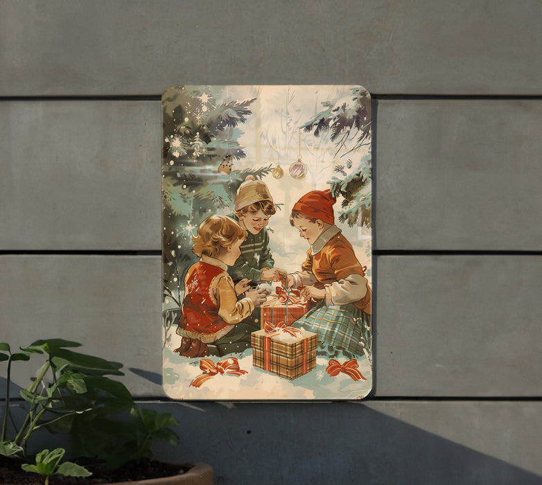a painting of three children opening a christmas present