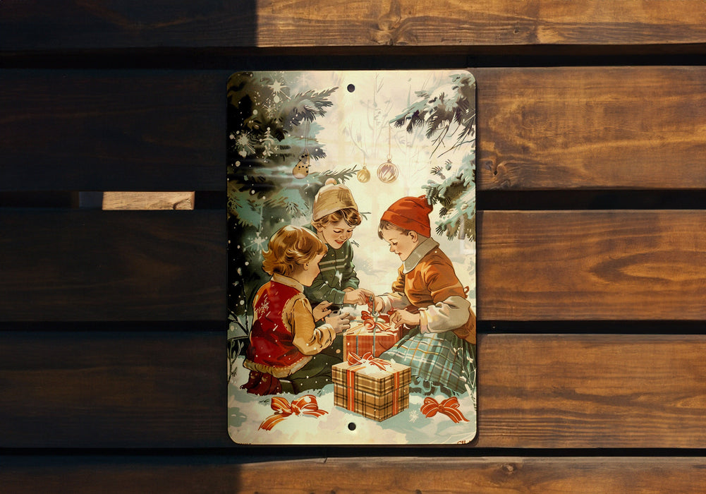 a picture of three children opening presents on a wooden bench