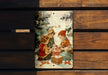 a picture of three children opening presents on a wooden bench