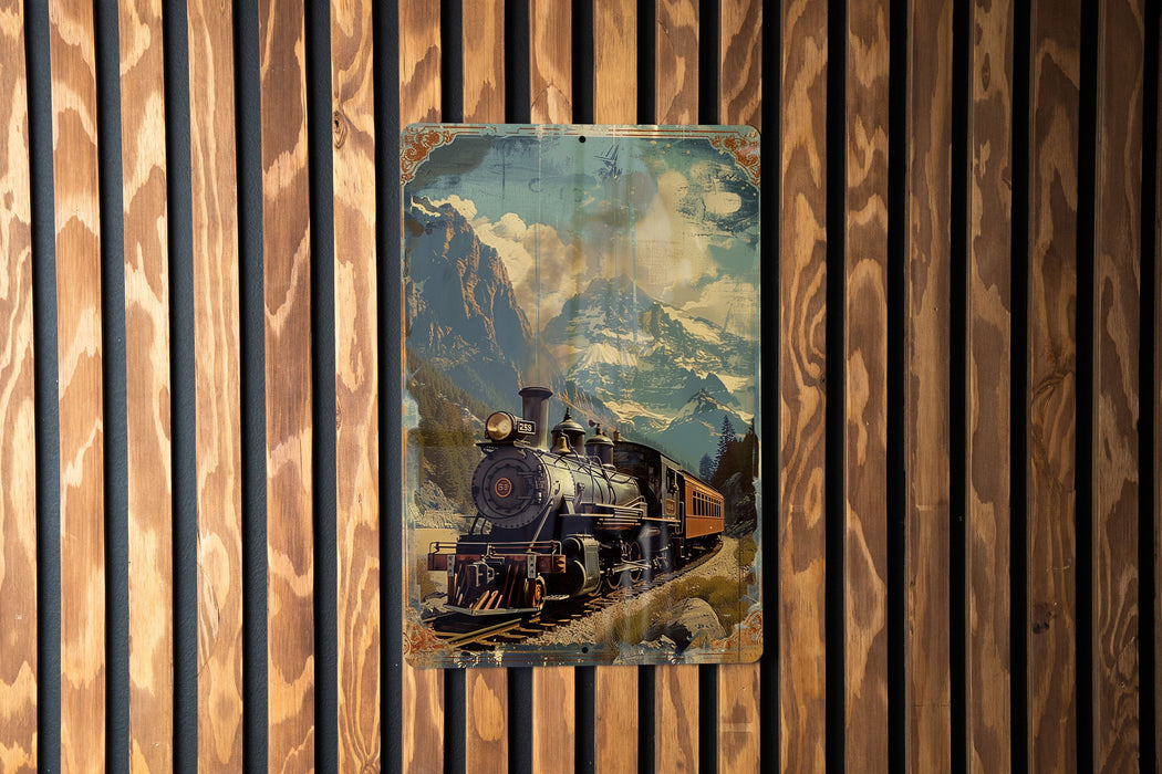 a painting of a train on a wooden wall