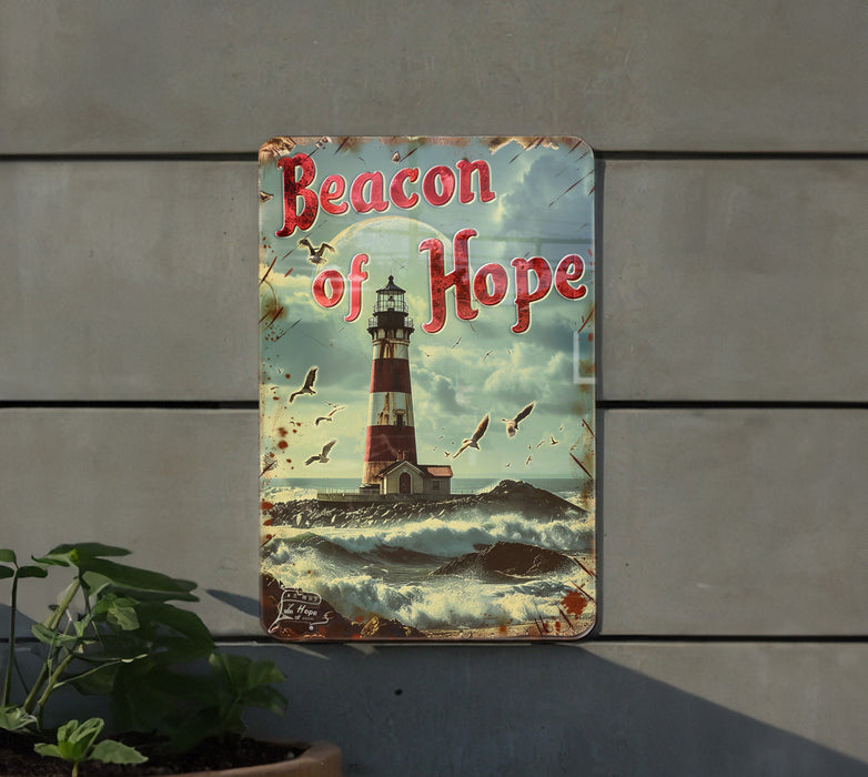 a sign on the side of a building that says beacon of hope