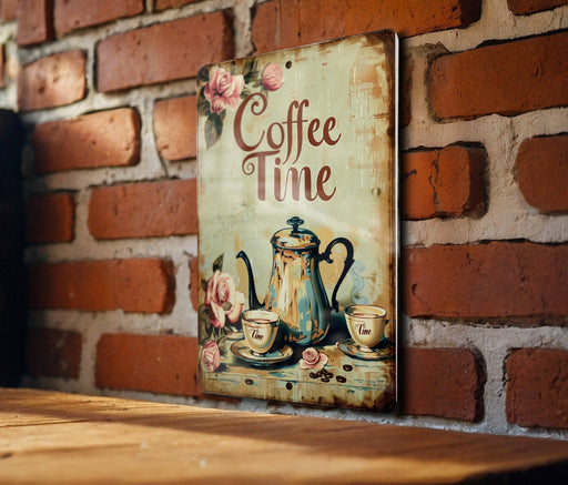 a picture of a coffee time sign on a brick wall