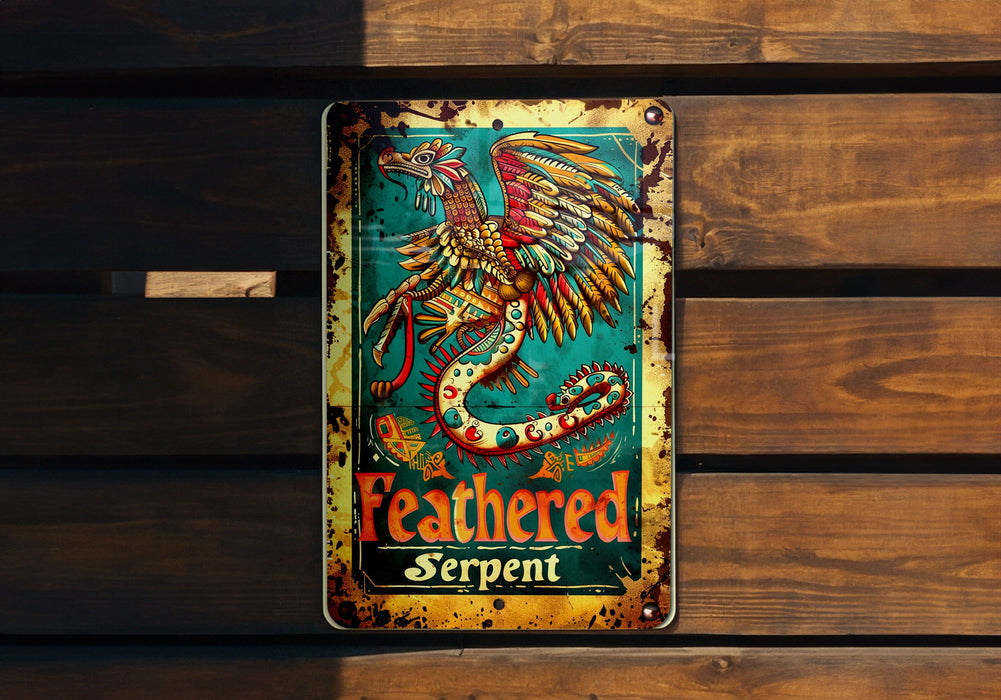 a sign on a wooden wall that says feathered serpent