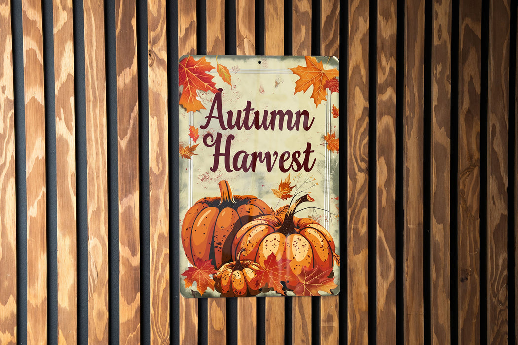 a sign on a wooden fence that says autumn harvest