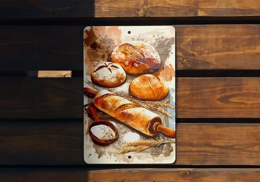 a painting of bread and other pastries on a wooden surface
