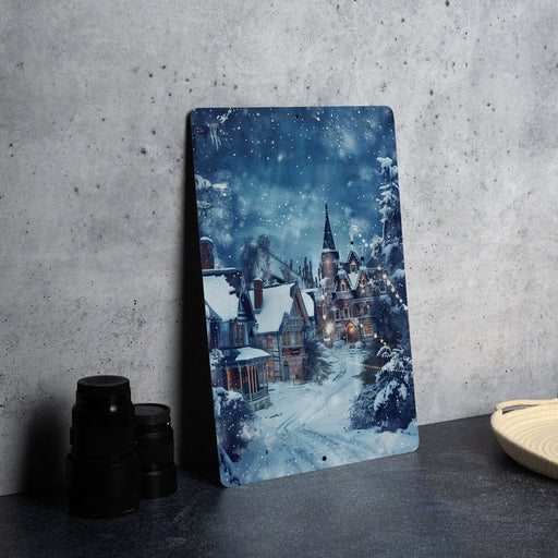 a picture of a snowy village on a table