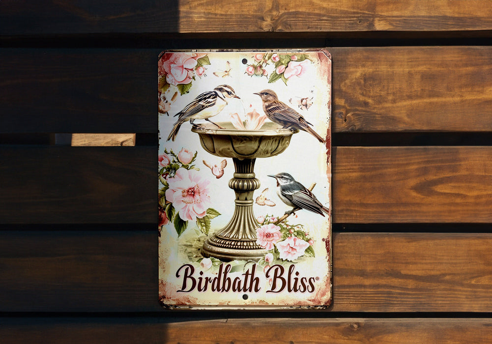 a birdbath bliss sign hanging on a wooden wall